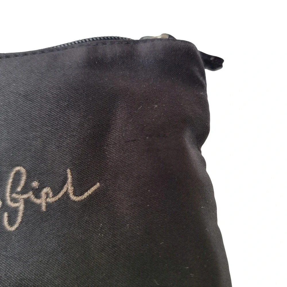 Lulu Guinness Black Satin Cosmetic Bag Embroidered Lipstick Glamour Girl Vintage